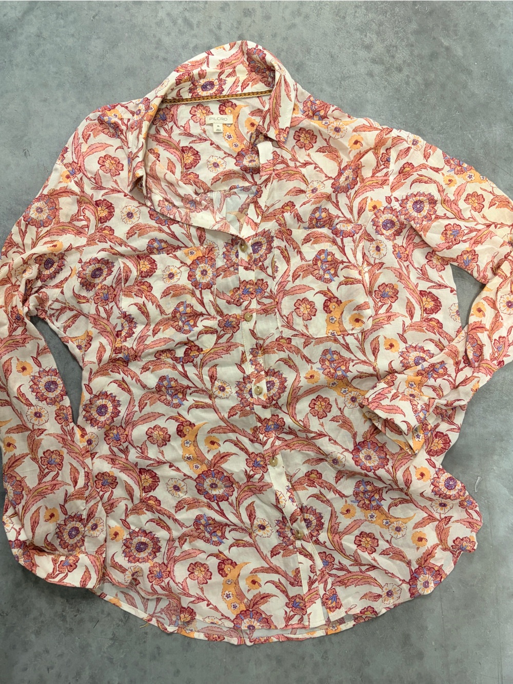 Pilcro Floral Button-Down Shirt in Cream, Rust and Pink